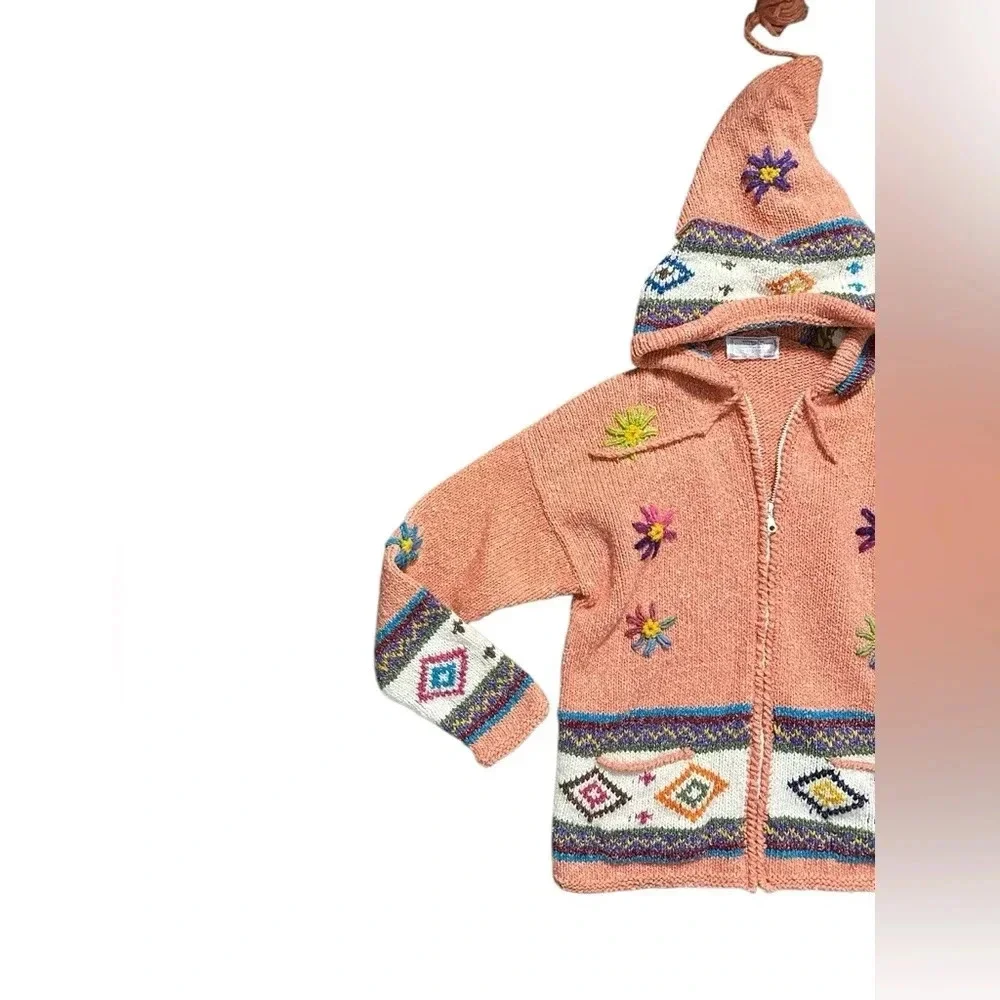Handmade Vintage Colorful Knit 100% Wool Hooded Cardigan